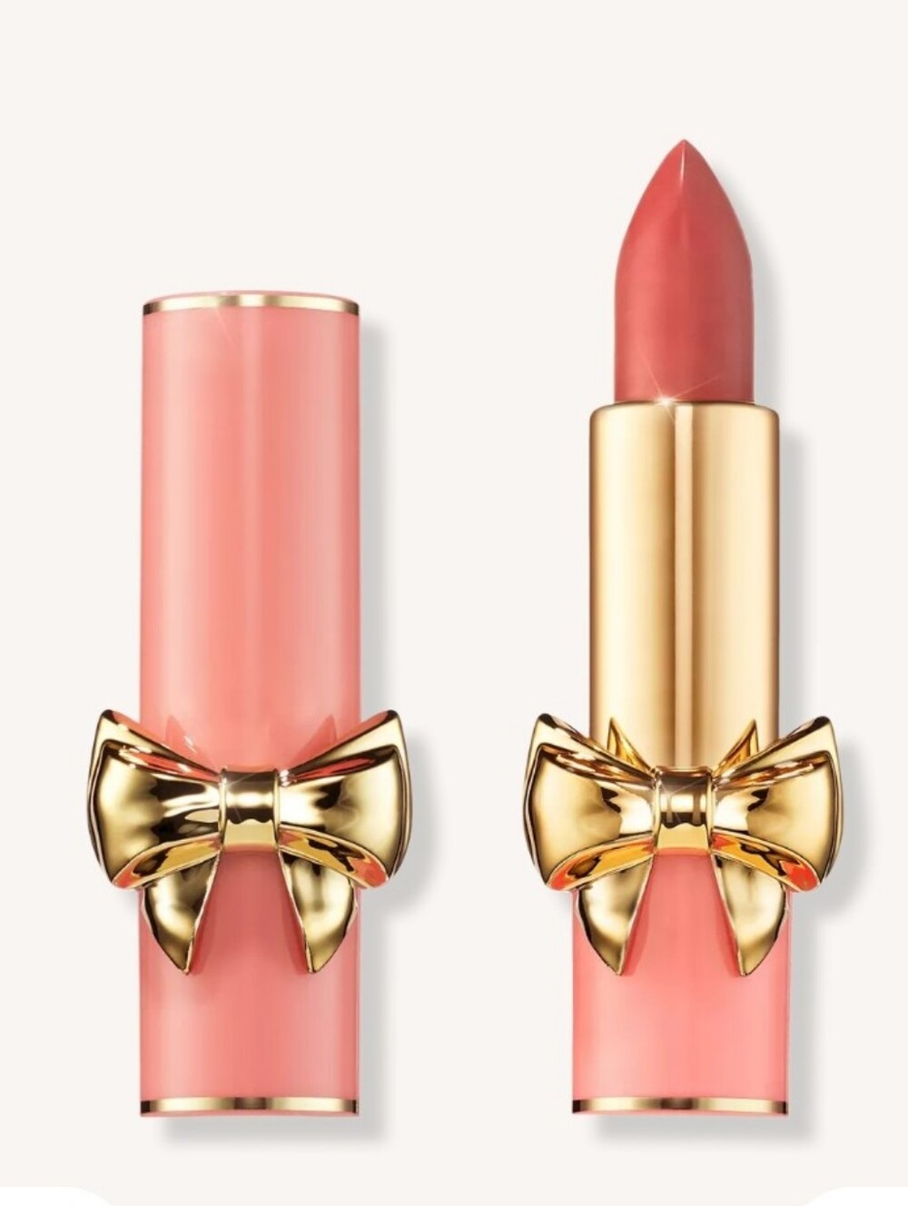 Petallicia Bright Coral Pink Lipstick with Gold Bow Accent
